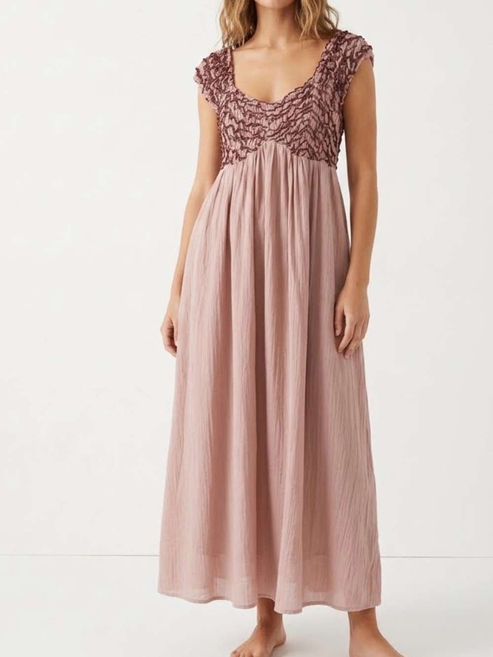 Free People Feel the Frill Midi Dress Mauve Smocked Ruffle Boho Chic Romantic